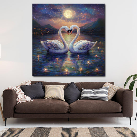 Cigni lago amore notte luna romantica quadro