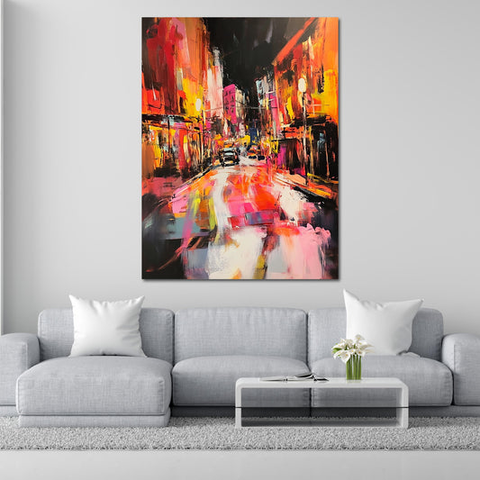 Città notturna astratta colori vivaci luci urbane quadro