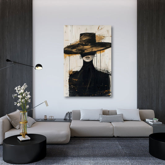 Donna astratta elegante cappello nero oro stile moderno quadro