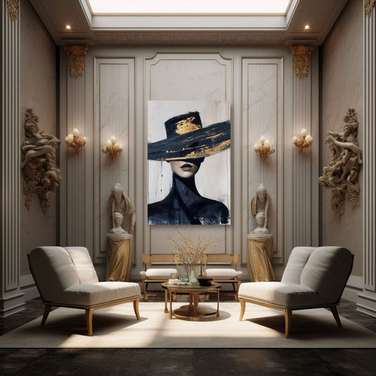 Donna elegante cappello nero oro dai toni vivaci quadro