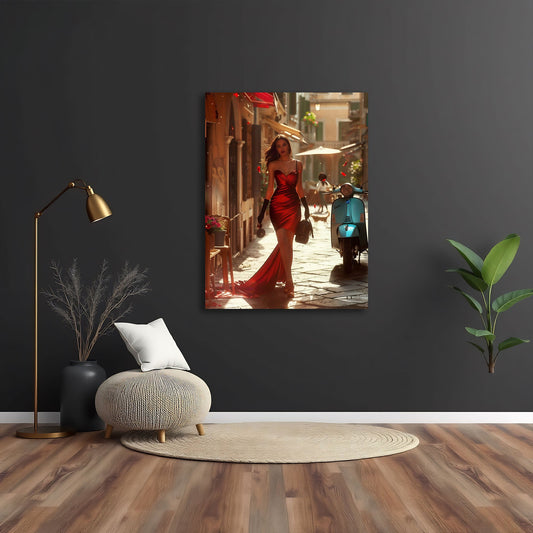 Donna in abito rosso scena urbana dai toni caldi quadro