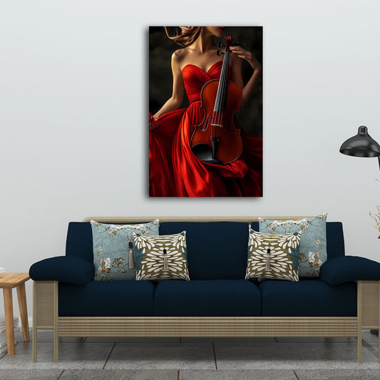 Elegante con donna in rosso e violino classico quadro