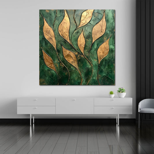 Foglie dorate in rilievo sfondo verde quadro