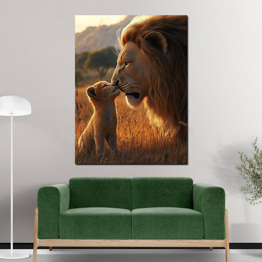 Leone con cucciolo affetto paterno savana africana quadro