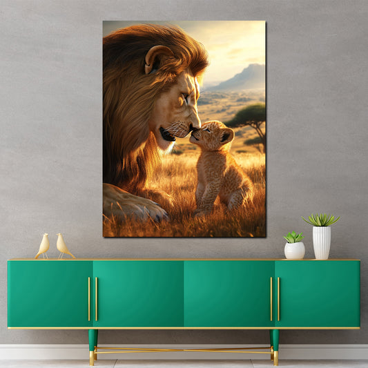 Leone con cucciolo paesaggio africano quadro