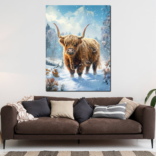 Mucca highland paesaggio innevato foresta quadro