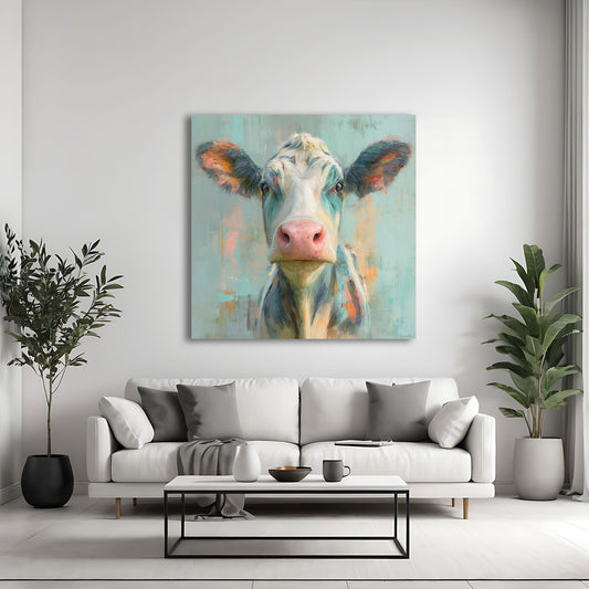 Mucca ritratto olio con palette cromatica vivace quadro