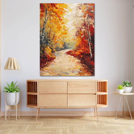 Paesaggio autunnale sentiero foglie dorate luce calda quadro