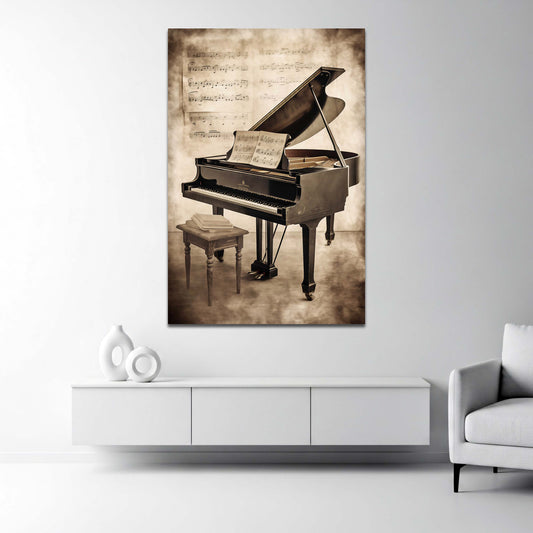 Pianoforte a coda vintage con spartito musicale sepia quadro
