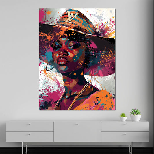 Pop Art donna africana elegante con cappello quadro