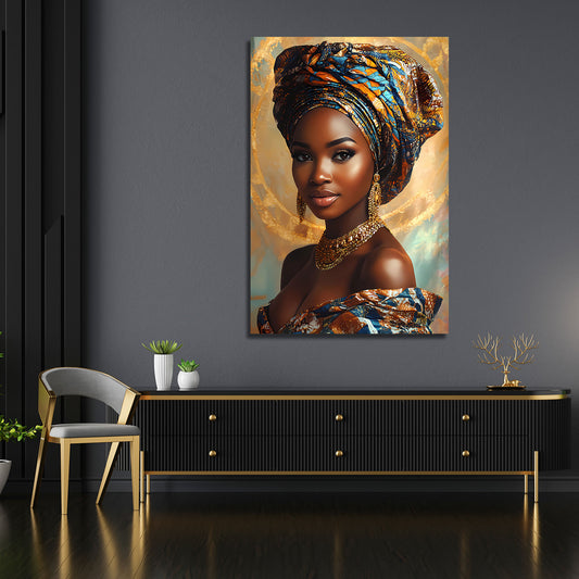 Ritratto africana elegante con turbante colorato oro quadro