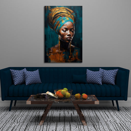 Ritratto africano donna turbante gioielli eleganza arte quadro