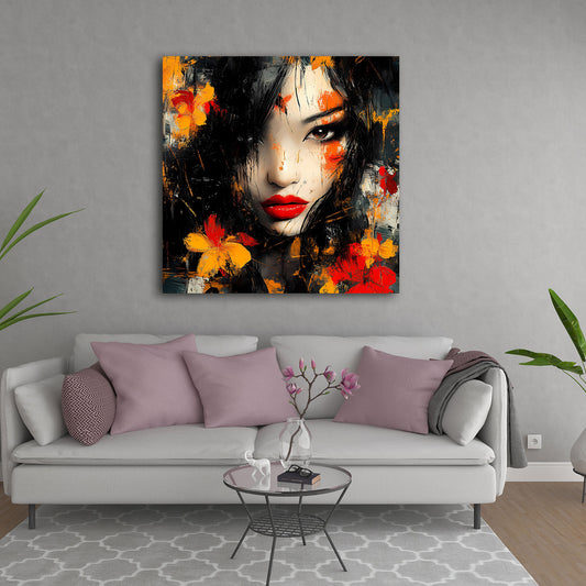 Ritratto donna asiatica fiori rosso arancione quadro