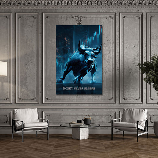 Toro finanza digitale motivazione money never sleeps quadro