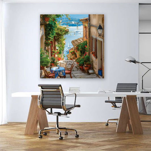 Toscana vicolo fiorito vista mare caffè quadro
