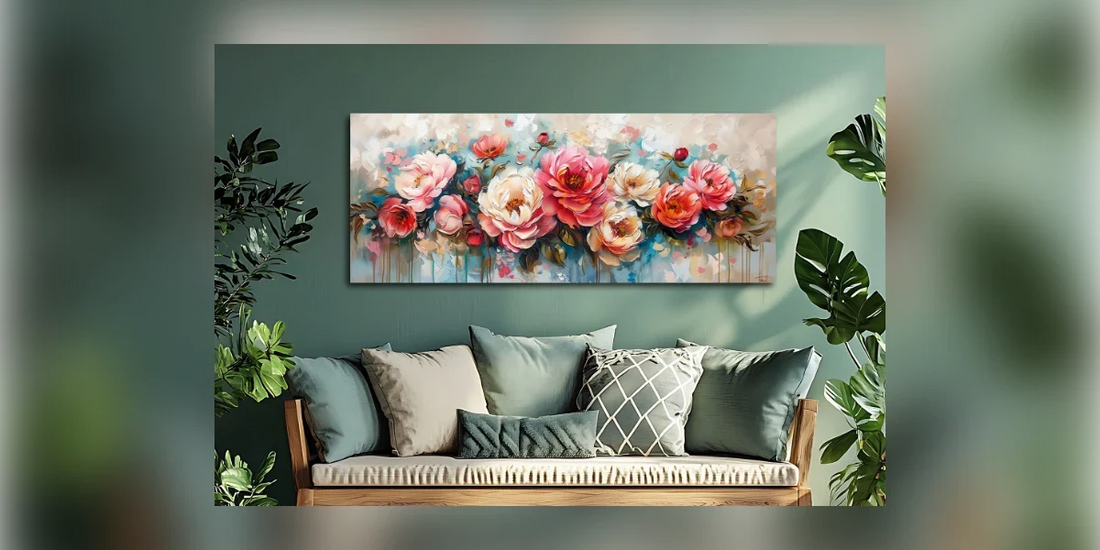 Quadro con peonie rosa su parete verde salvia sopra panca con cuscini