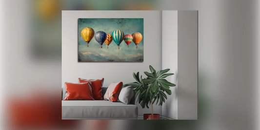 Quadro con mongolfiere in colori tenui sopra un divano in una stanza piccola