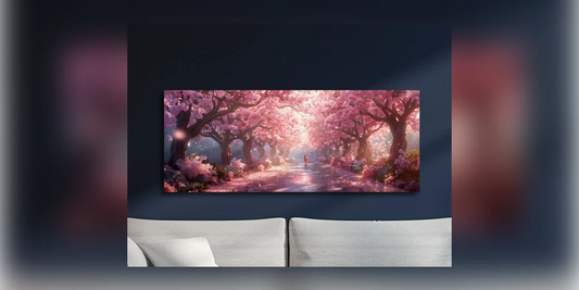 Quadro panoramico con viale di ciliegi in fiore sopra un divano come idea regalo