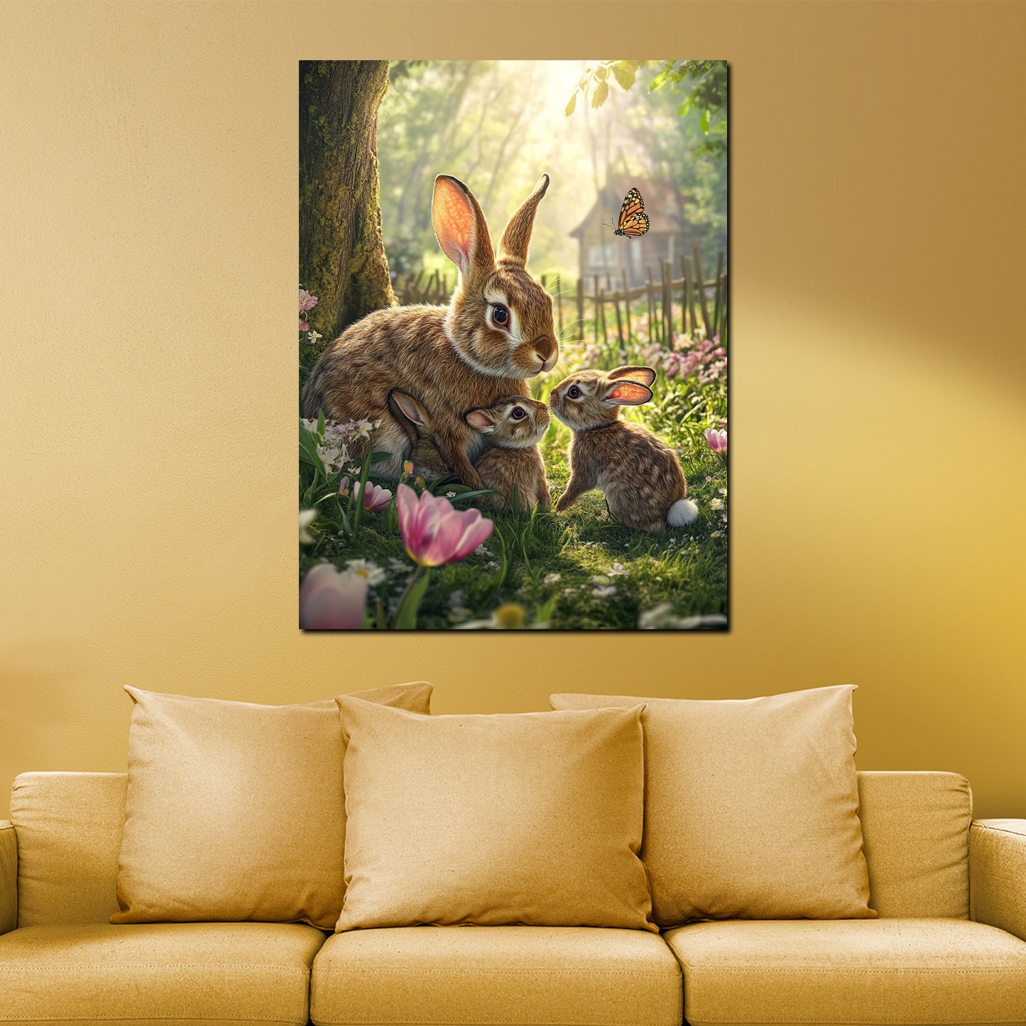 Conigli in un prato fiorito quadro