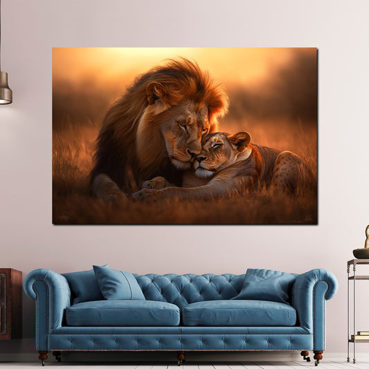 Coppia di leoni tramonto quadro