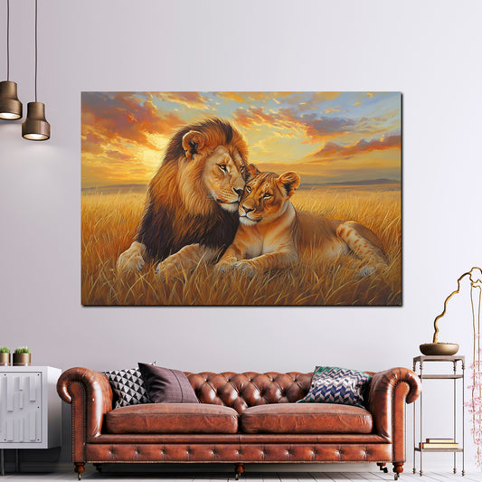 Coppia di leoni tramonto quadro