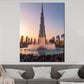 Quadro Dubai Burj Khalifa con fontana al tramonto