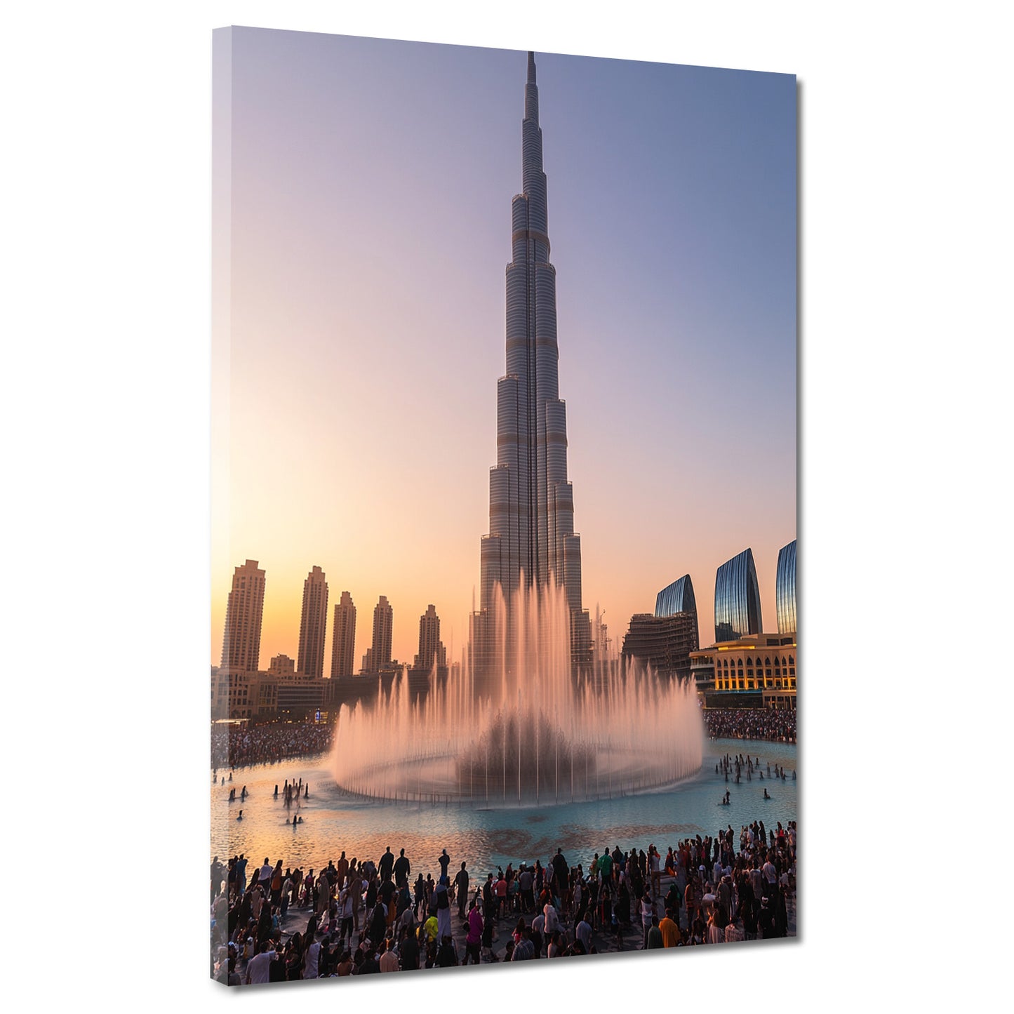 Quadro Dubai Burj Khalifa con fontana al tramonto