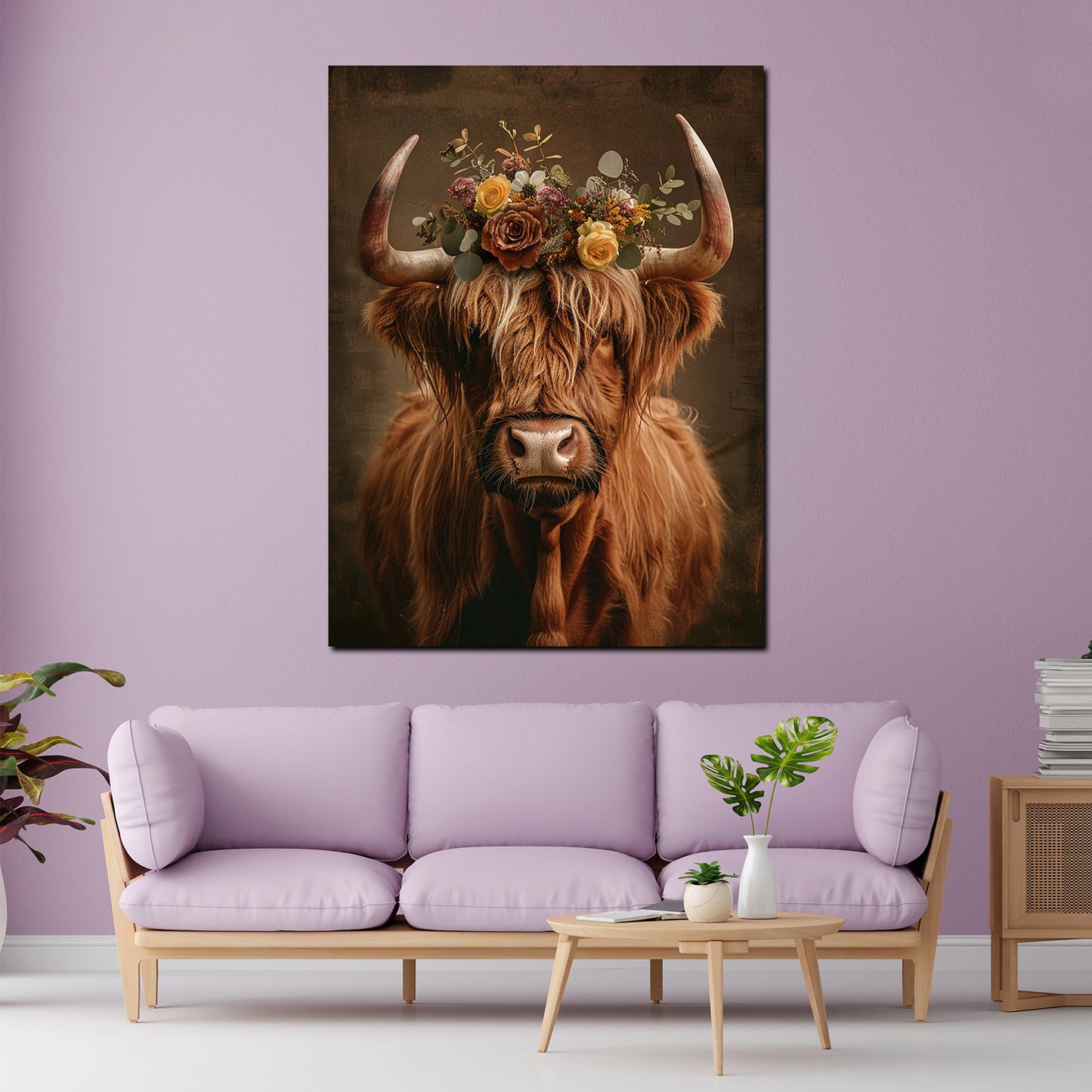 Quadro Mucca con fiori stile boho rustico