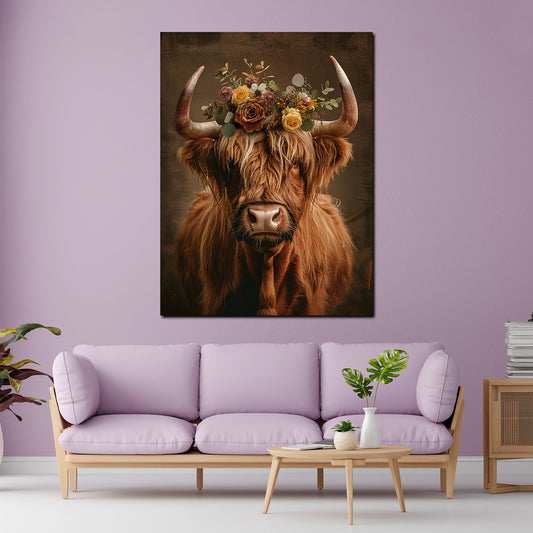 Quadro Mucca con fiori stile boho rustico