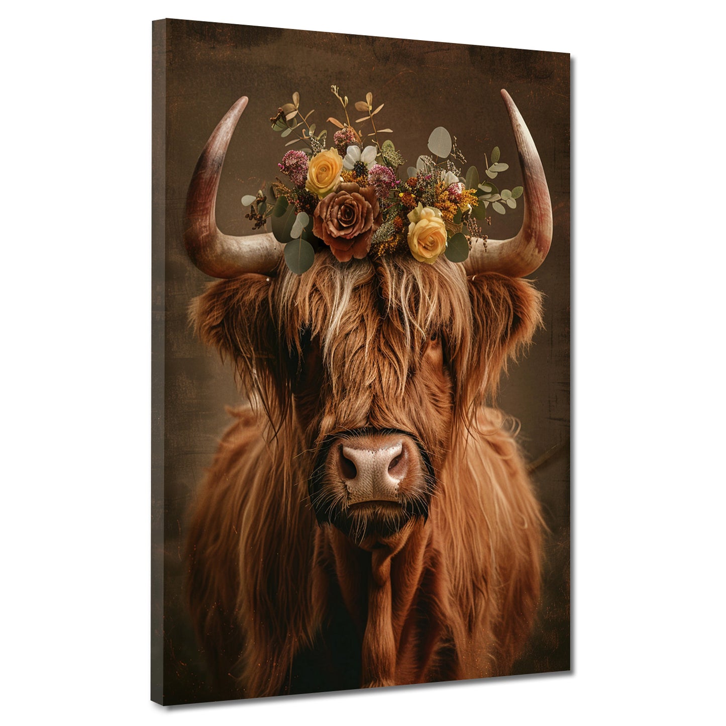 Quadro Mucca con fiori stile boho rustico