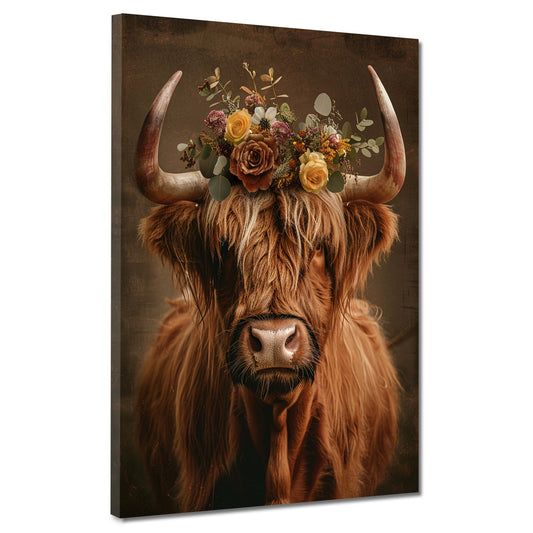 Quadro Mucca con fiori stile boho rustico