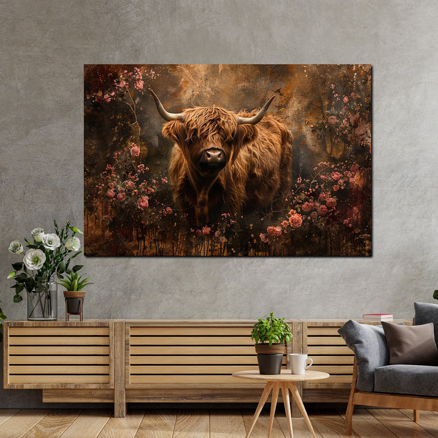 Quadro Mucca highland tra fiori stile rustico romantico vintage