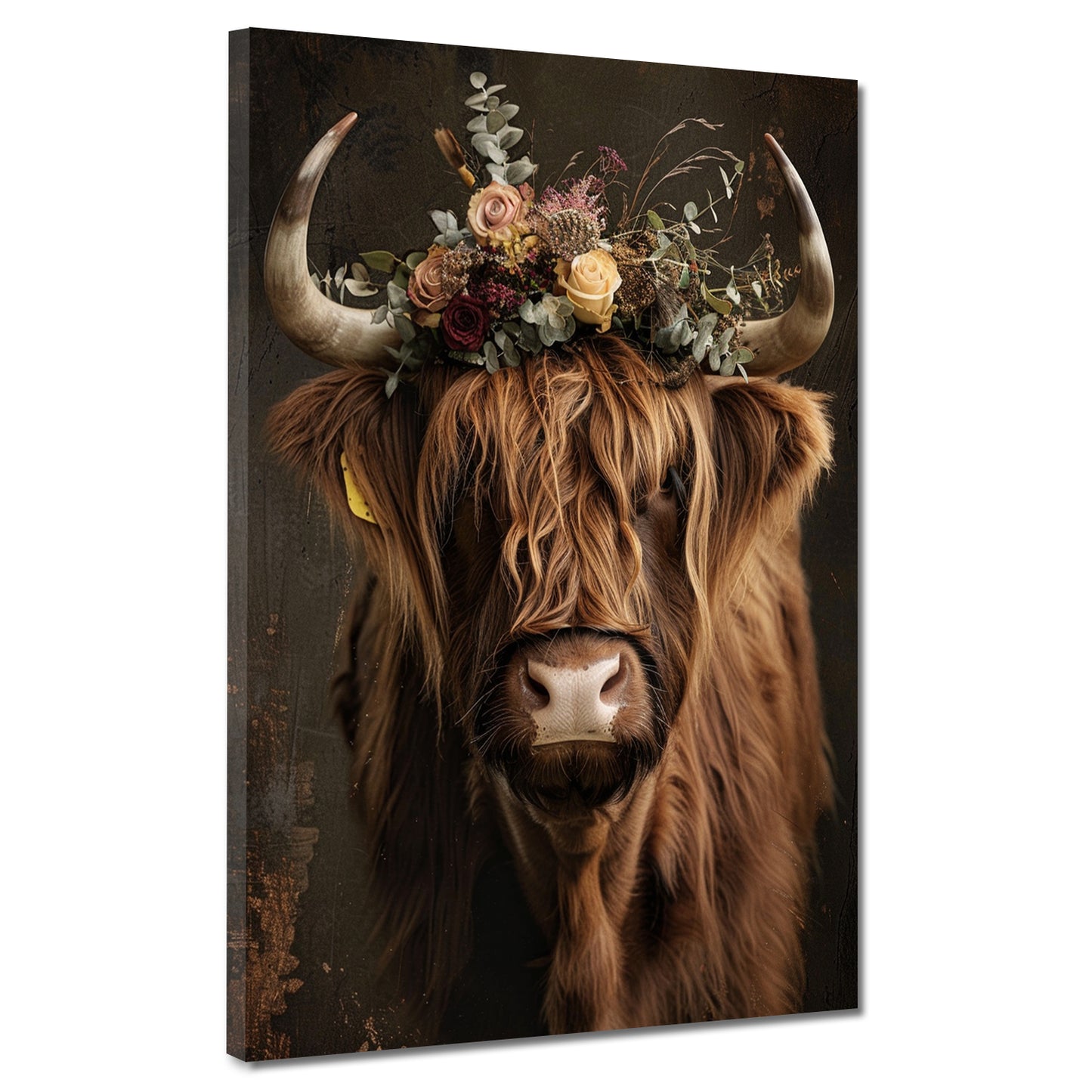 Quadro Mucca rustico con corona di fiori boho naturale