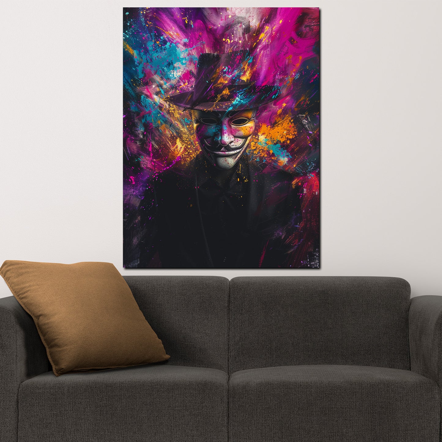 Quadro Pop Art Anonymous con maschera e cappello dai colori vivaci