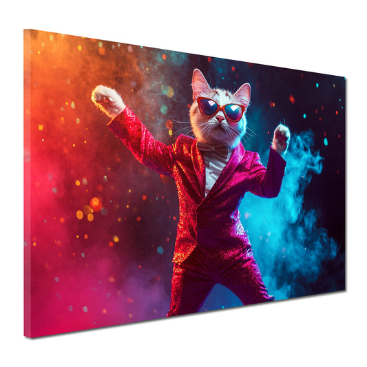 Quadro Pop Art gatto in completo festa colori moderno