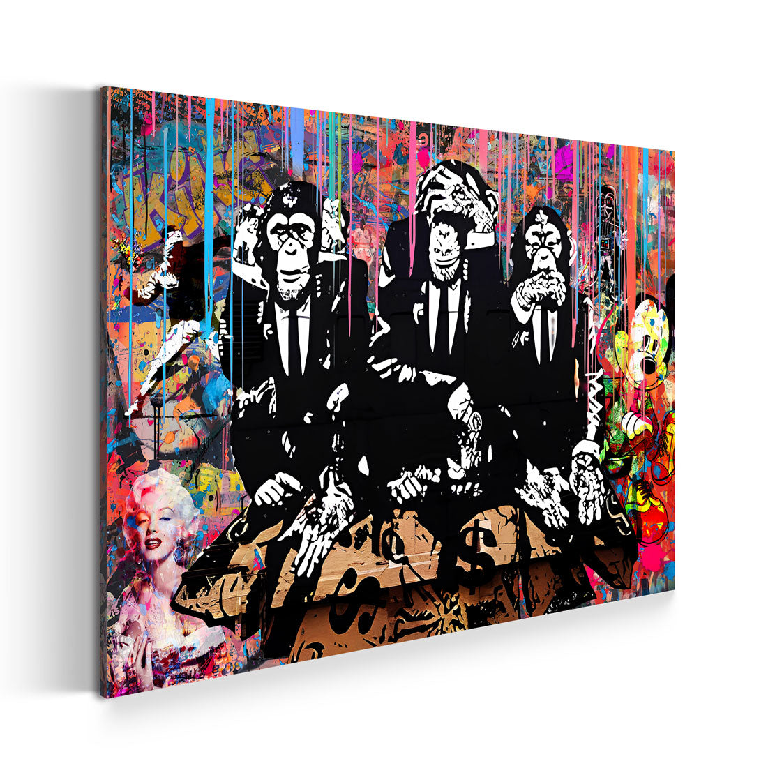 Quadro Scimmie in abito con graffiti pop art e elementi fumettistici