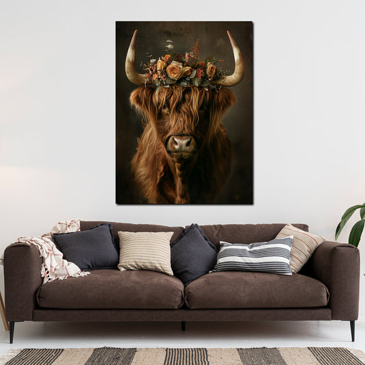Quadro Vacca con corona di fiori stile boho naturale vintage