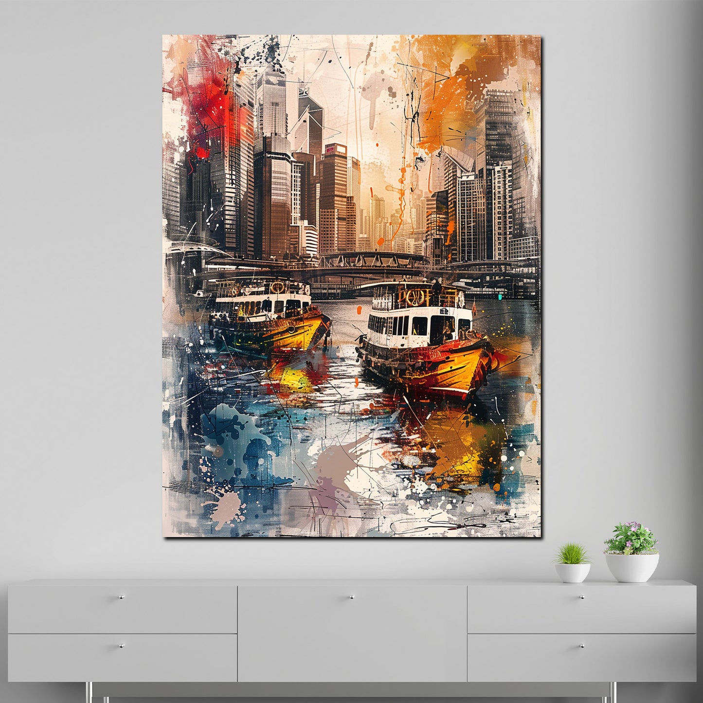 Quadro astratto barche nella città con grattacieli