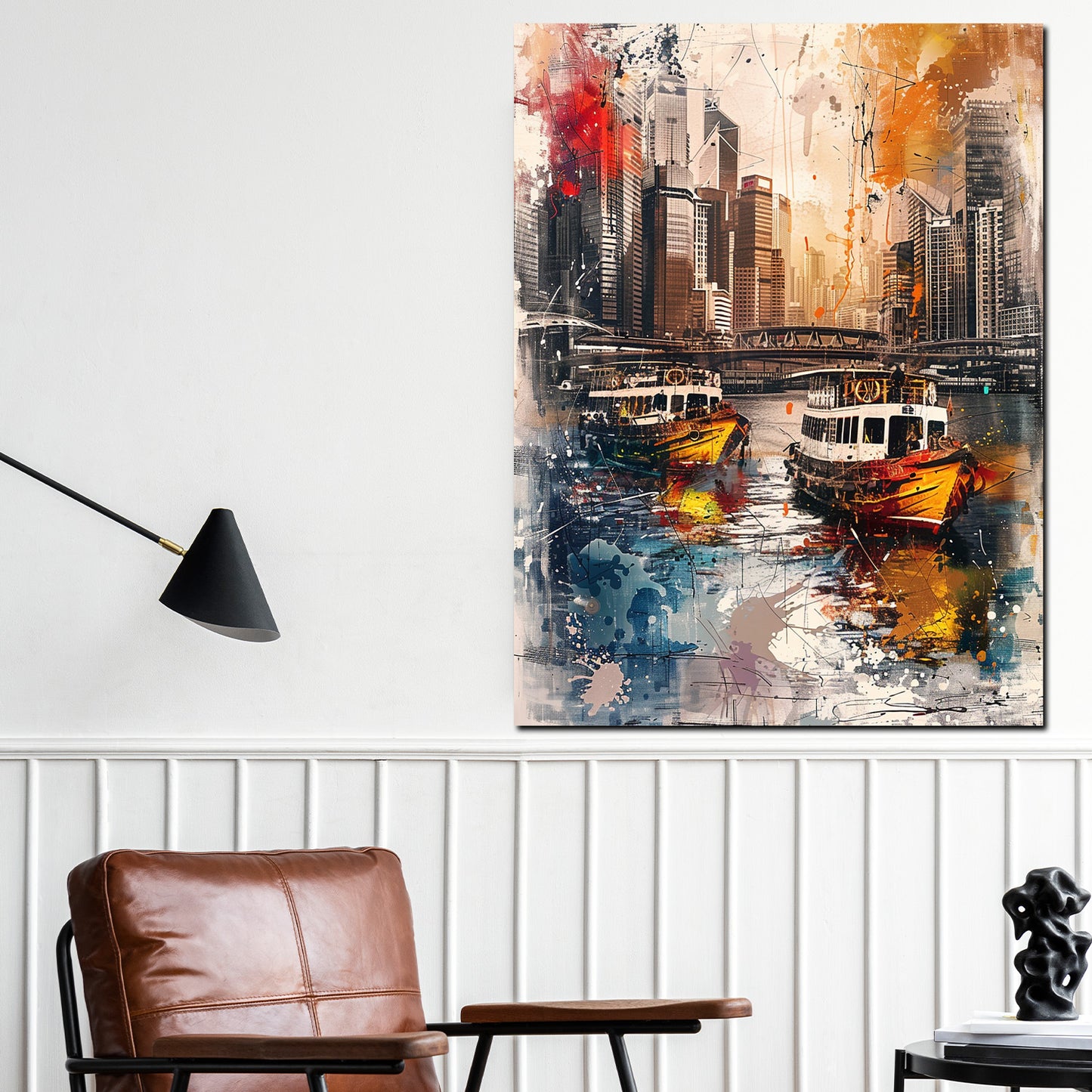 Quadro astratto barche nella città con grattacieli