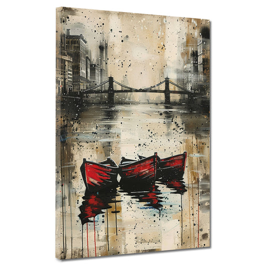 Quadro astratto barche sul fiume con città