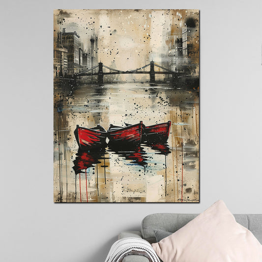 Quadro astratto barche sul fiume con città