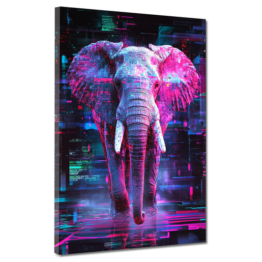Quadro astratto elefante con effetti neon e atmosfera futuristica