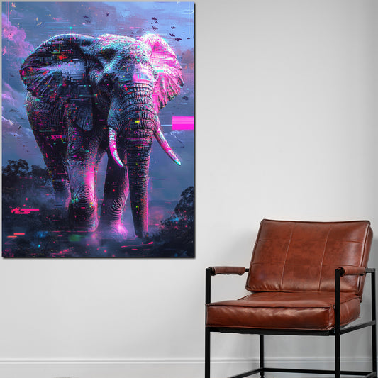 Quadro astratto elefante con luci futuristiche e colori brillanti