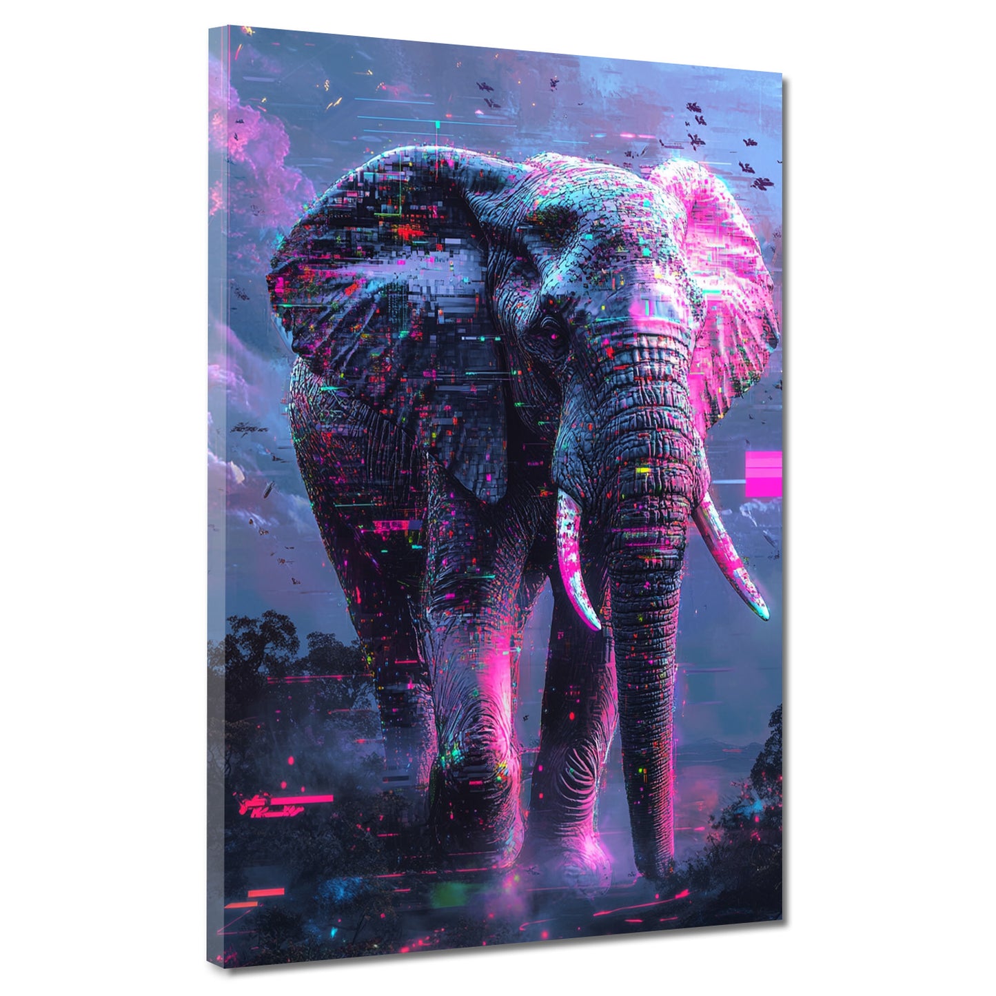 Quadro astratto elefante con luci futuristiche e colori brillanti