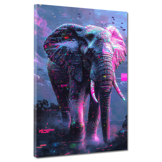 Quadro astratto elefante con luci futuristiche e colori brillanti