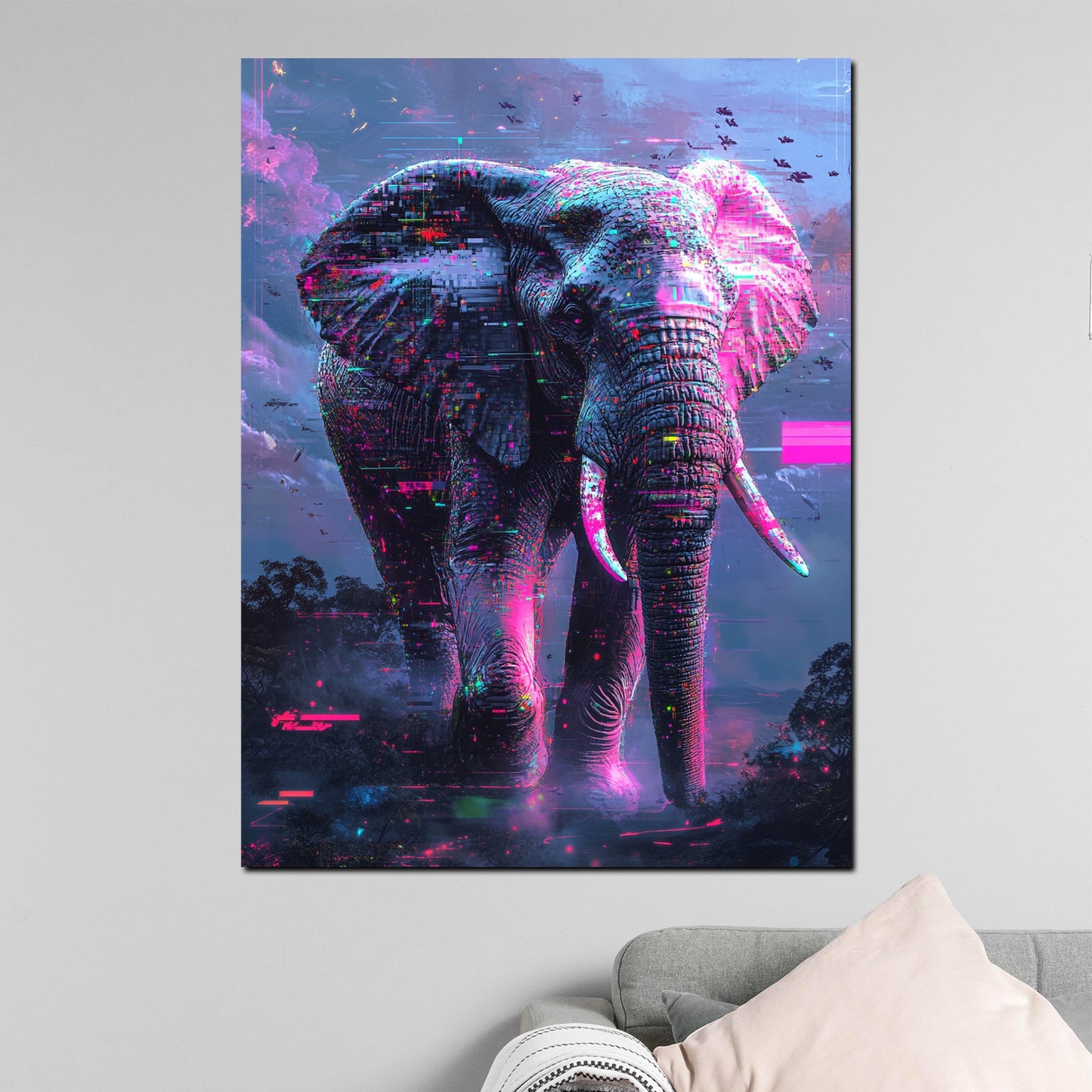 Quadro astratto elefante con luci futuristiche e colori brillanti