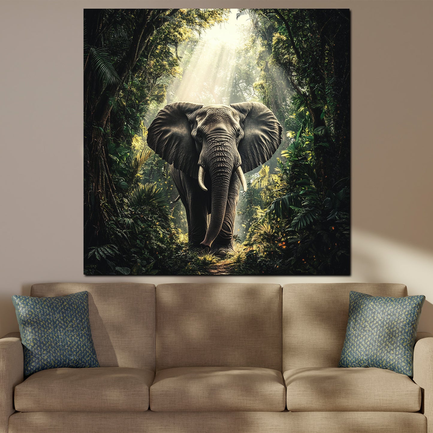 Quadro astratto elefante nella giungla lussureggiante con luce solare