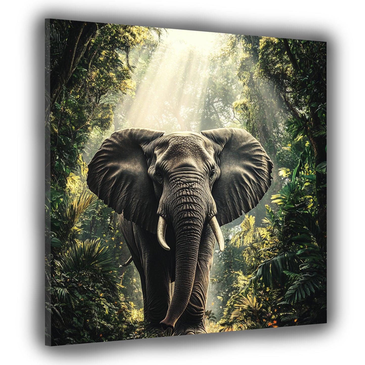 Quadro astratto elefante nella giungla lussureggiante con luce solare