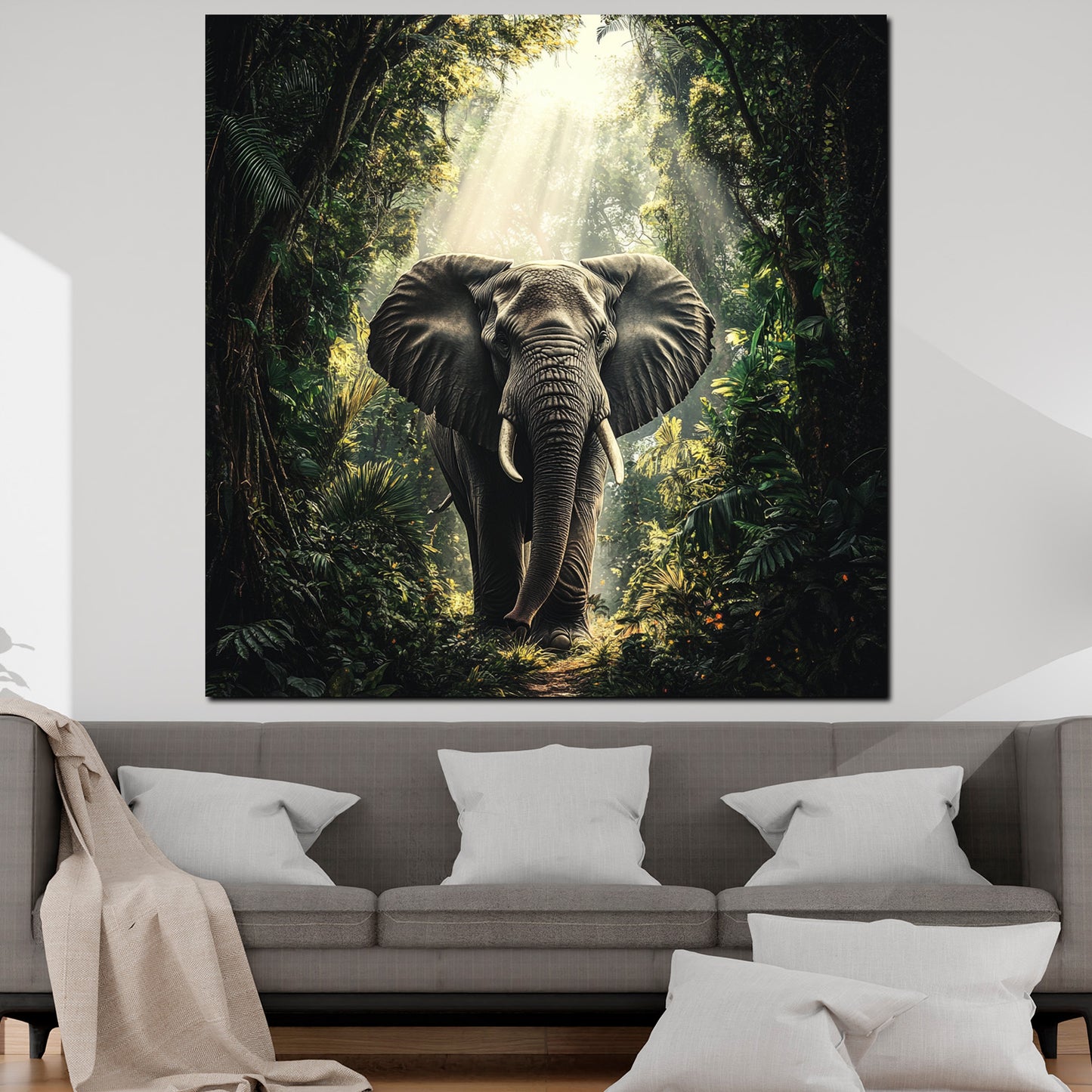 Quadro astratto elefante nella giungla lussureggiante con luce solare