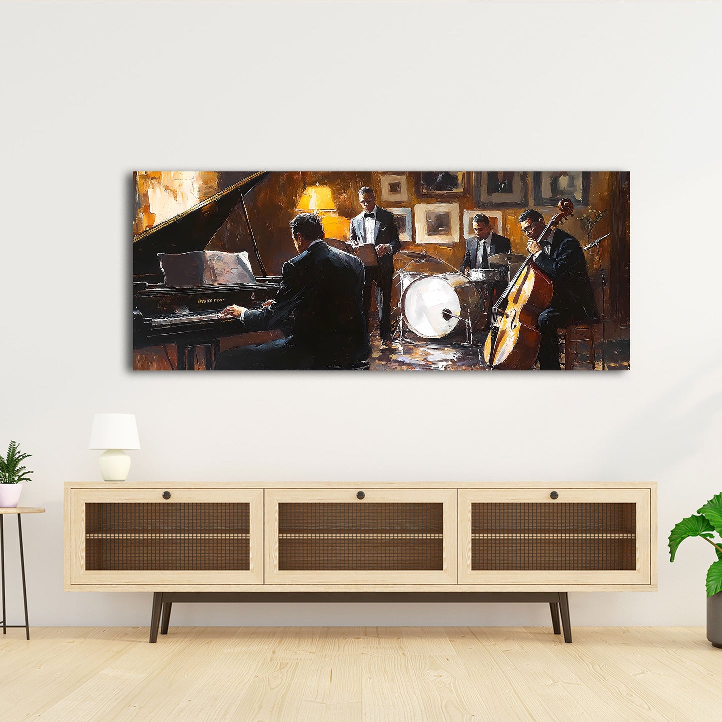 Quadro astratto musica jazz pianoforte contrabbasso batteria stile pittorico elegante